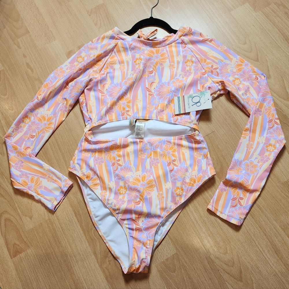 NWT OP Long Sleeve‎ One Piece Cutout Swimsuit Pink Orange Purple Floral Large